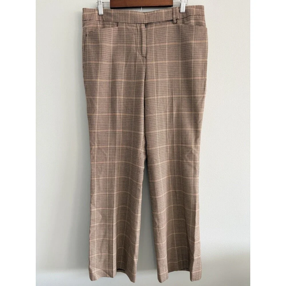 Talbots Signature Flare Pants Tan Houndstooth Wool Blend Lined Stretch Pockets